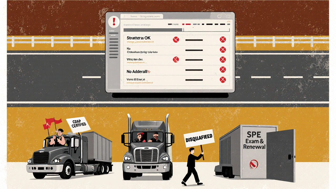 Digital clearinghouse with flagged drivers above highway, others pursuing compliance paths.