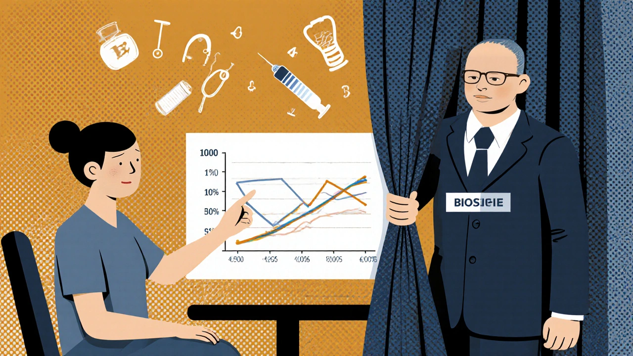 Doctor and patient reviewing price chart while a shadowy PBM figure hides the true cost difference with rebates.