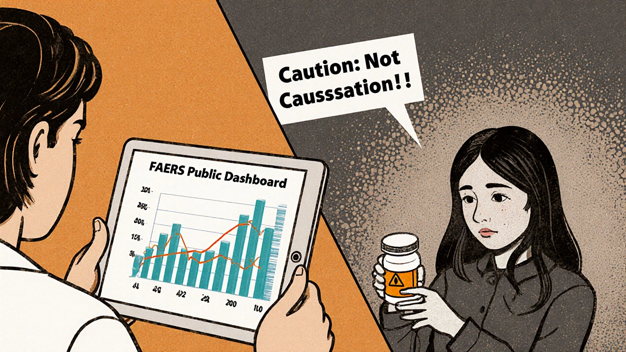 Doctor viewing FAERS dashboard while patient hesitates with pill bottle, caution sign above.