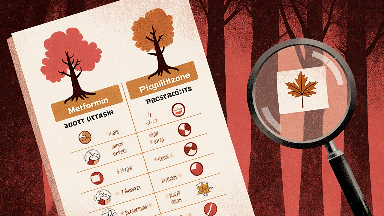 Drug comparison chart shown as forest plot with tree branches representing side effects.