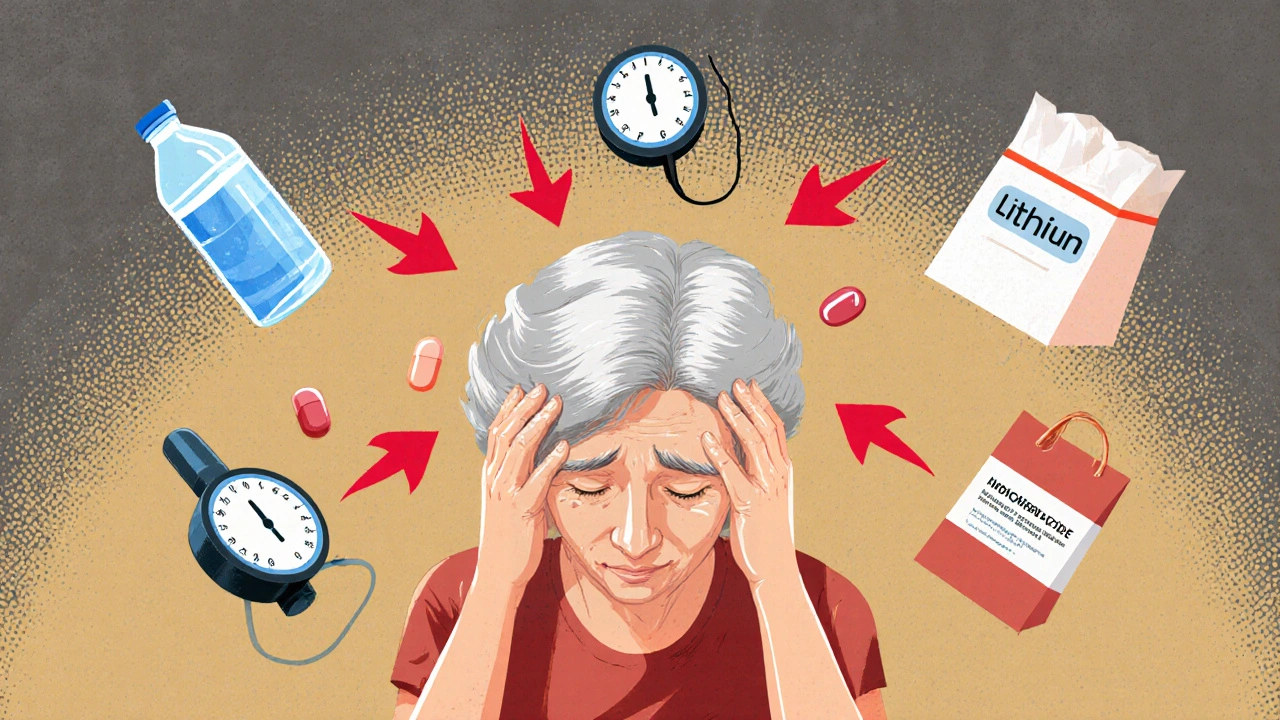 Elderly woman surrounded by medication icons, red arrows pointing to her brain, symbolizing hidden lithium toxicity risks.