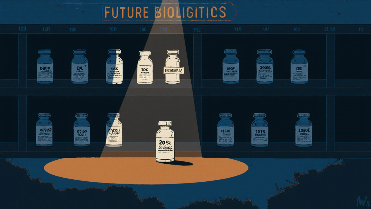 Empty shelf with only 12 biosimilars out of 118 possible slots, symbolizing the biosimilar void in U.S. drug development.