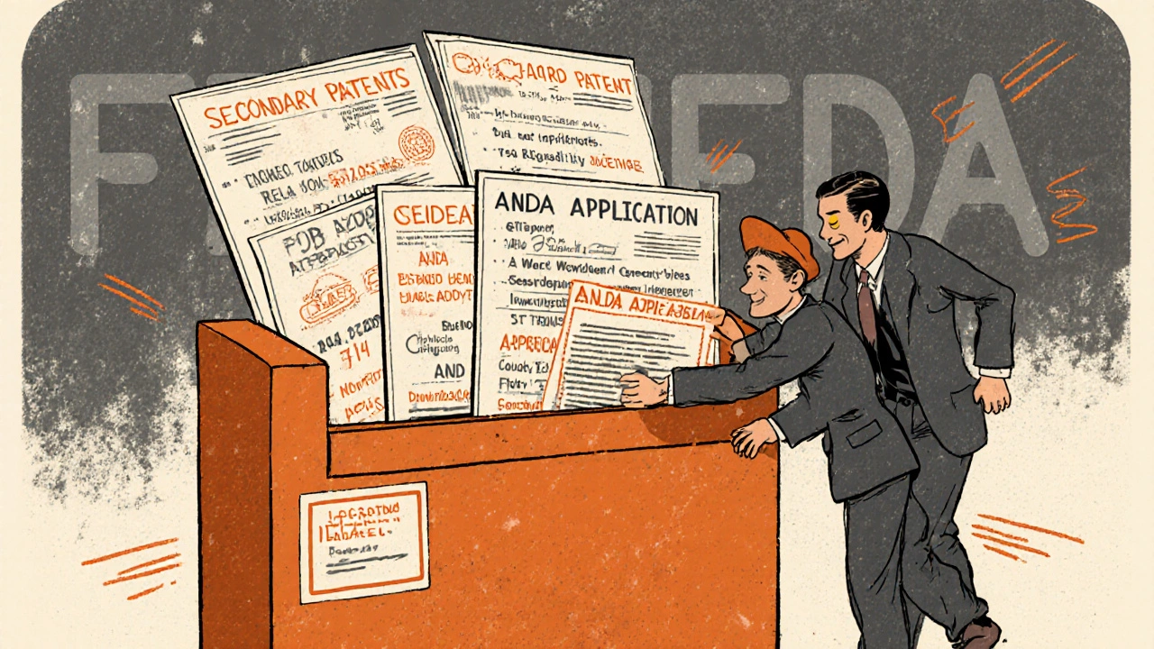 Generic company worker filing an ANDA while blocked by a wall of patent documents.