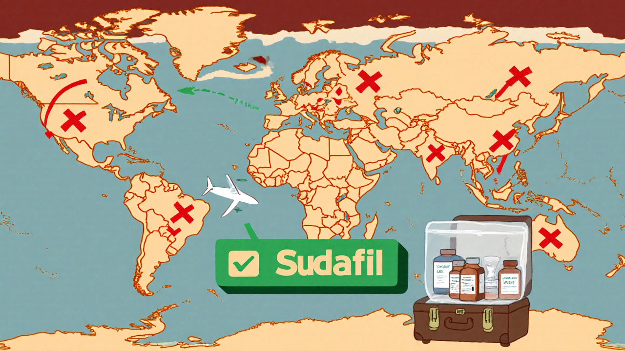 Global map showing banned U.S. medications in Japan, UAE, and Thailand with prohibition symbols.