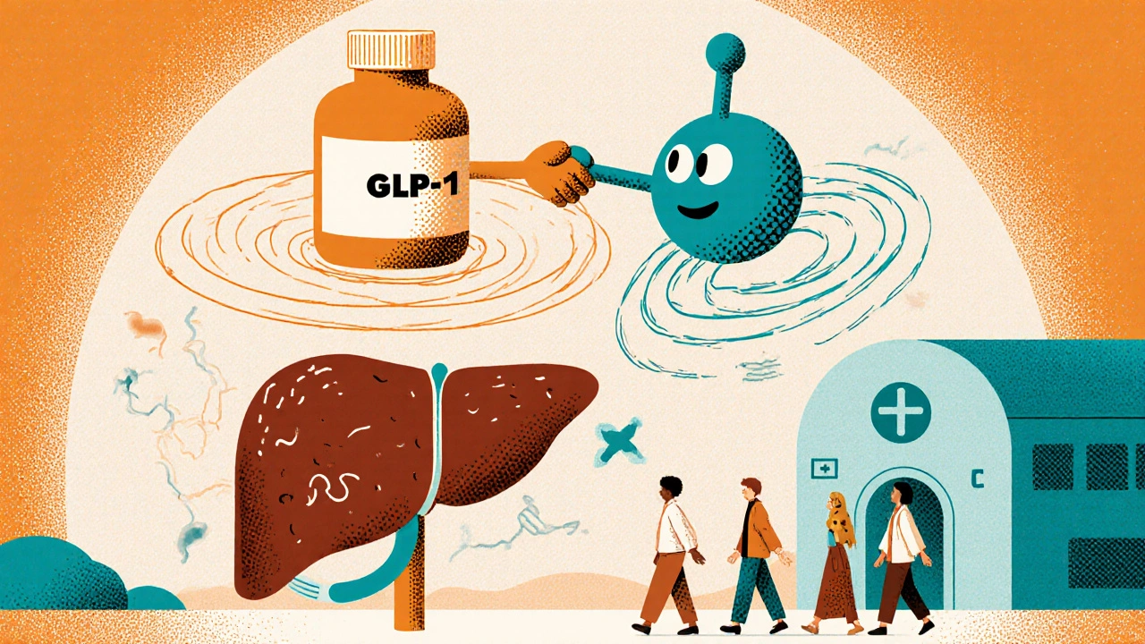 GLP-1 and resmetirom molecules working together to heal a scarred liver, surrounded by medical scans and patients.