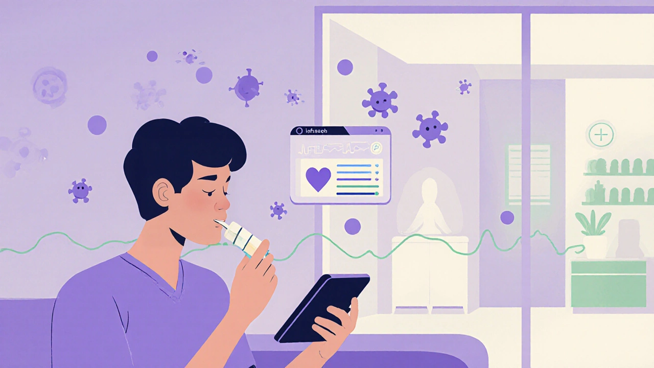 Home-based desensitization with a patient taking medication under a monitor, ghost hospital behind, and immune biomarkers floating nearby.