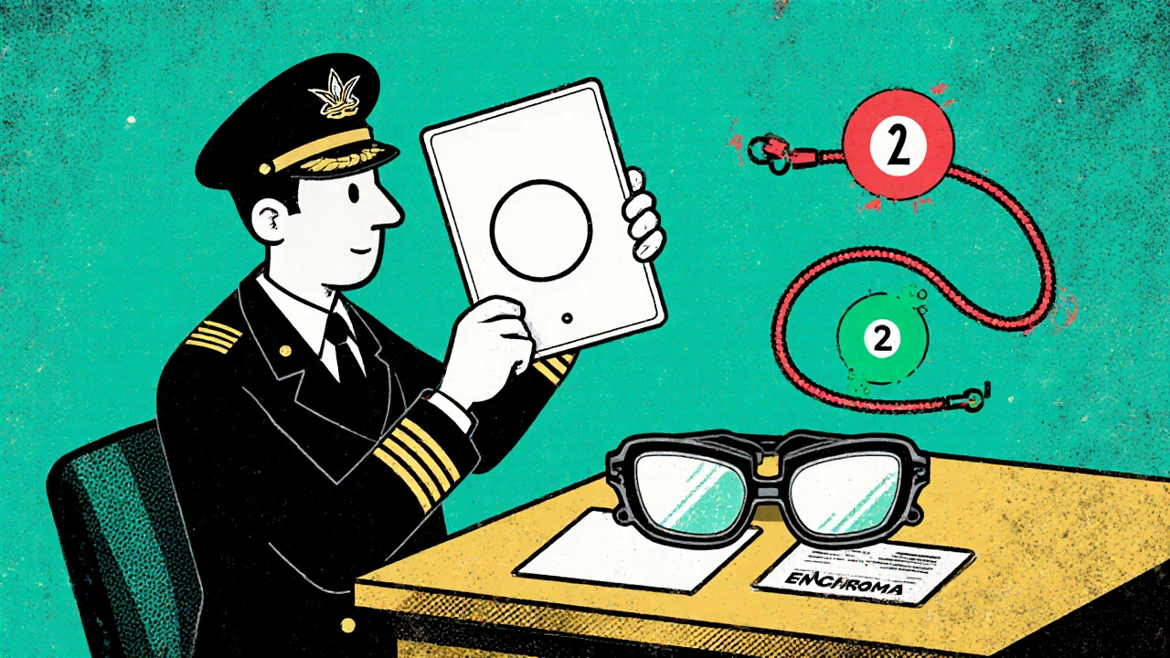 Man unable to see numbers on Ishihara test, with EnChroma glasses and labeled wires nearby in screenprint style.