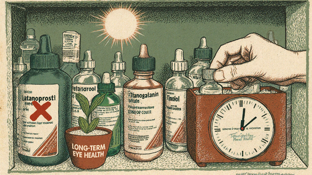 Medicine cabinet with labeled eye drops, a preservative-free bottle placed in a plant, and a crossed-out pair of prostaglandins.