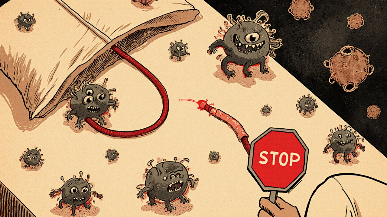 Patient with catheter surrounded by dangerous microbes and a warning sign