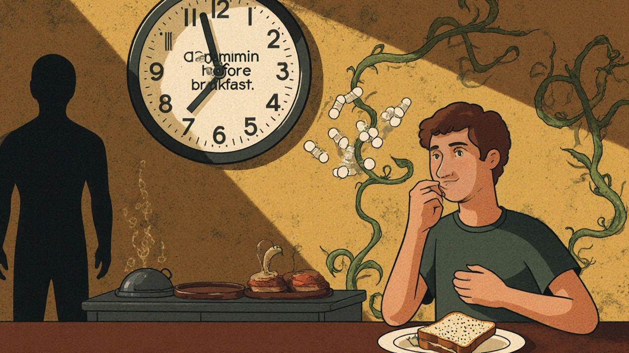 Person taking levodopa before breakfast with dopamine flow and Parkinson’s vine in background.