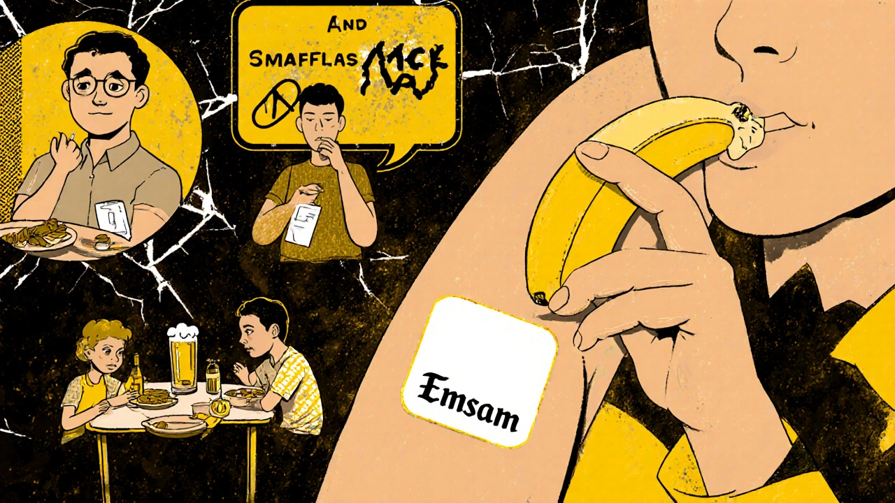 Person wearing Emsam patch eating safely at a diner while others avoid risky foods like soy sauce and draft beer.