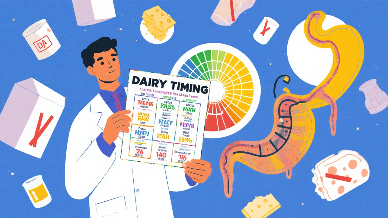 Pharmacist handing a color-coded timing wheel chart with dairy products marked by red Xs, symbolizing safe antibiotic use.