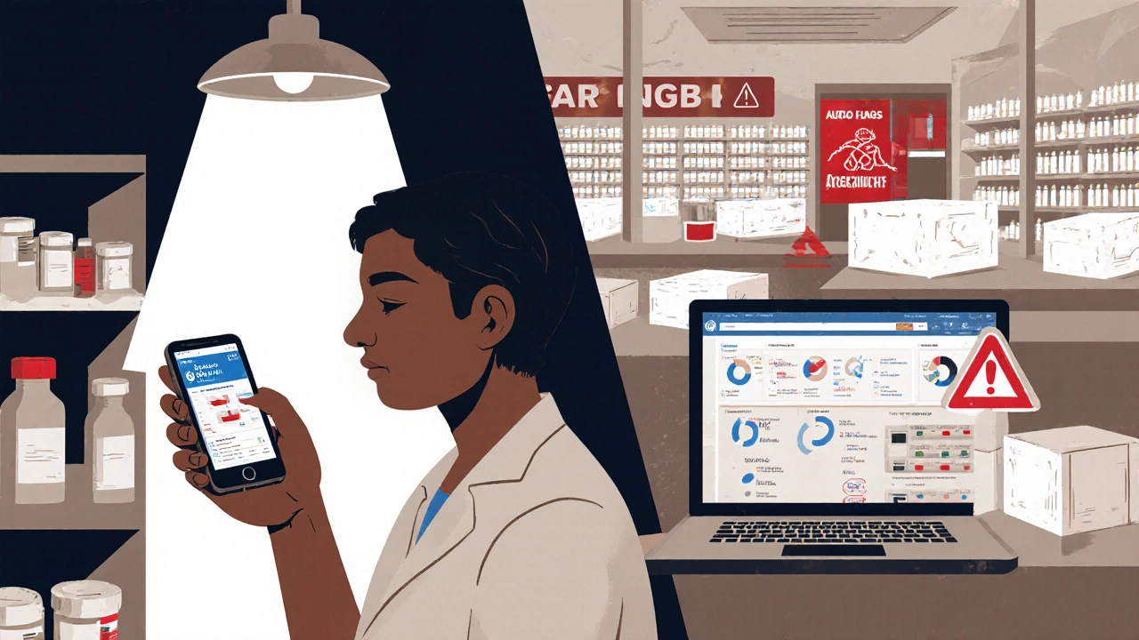Pharmacist in rural clinic and urban hospital both using technology to identify fake drugs.