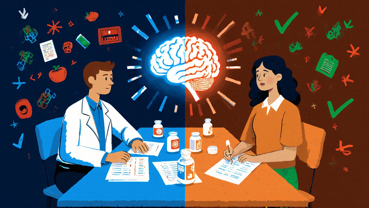 Psychiatrist and patient reviewing diet and medication charts with a glowing brain showing balanced neurotransmitters.