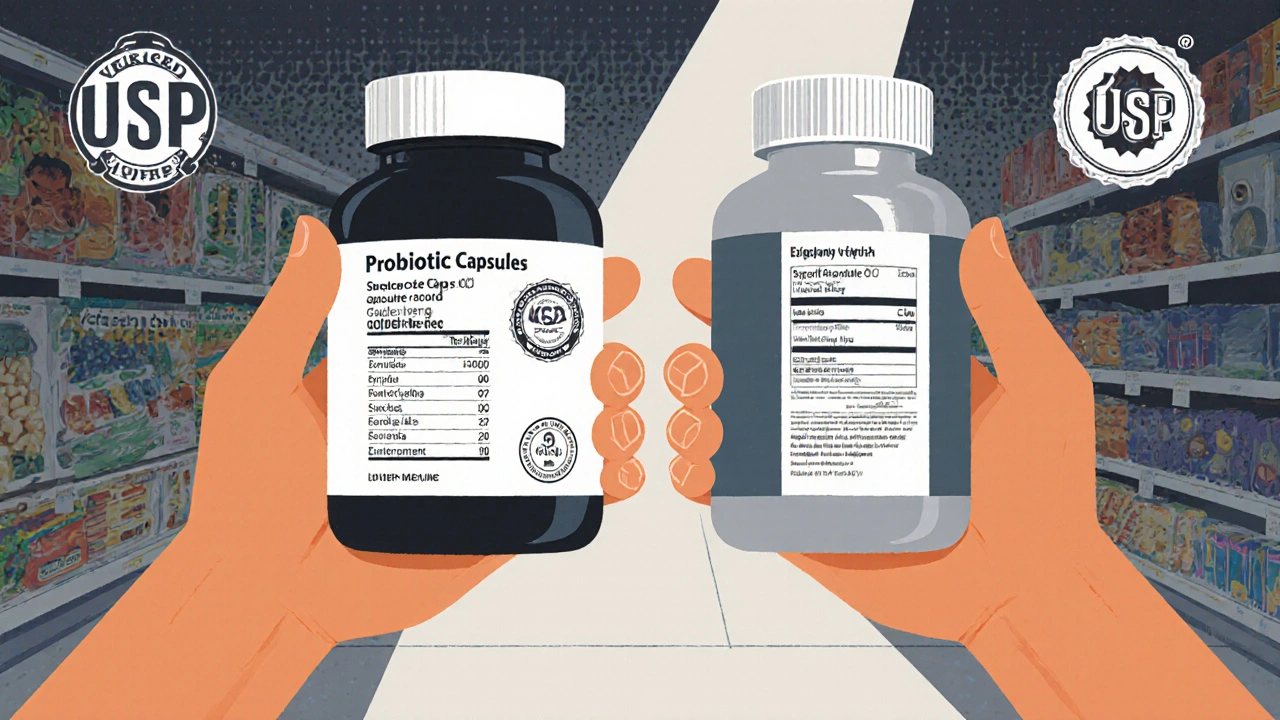 Side-by-side probiotic capsules: one clearly labeled with verification seal, the other generic and blurred.