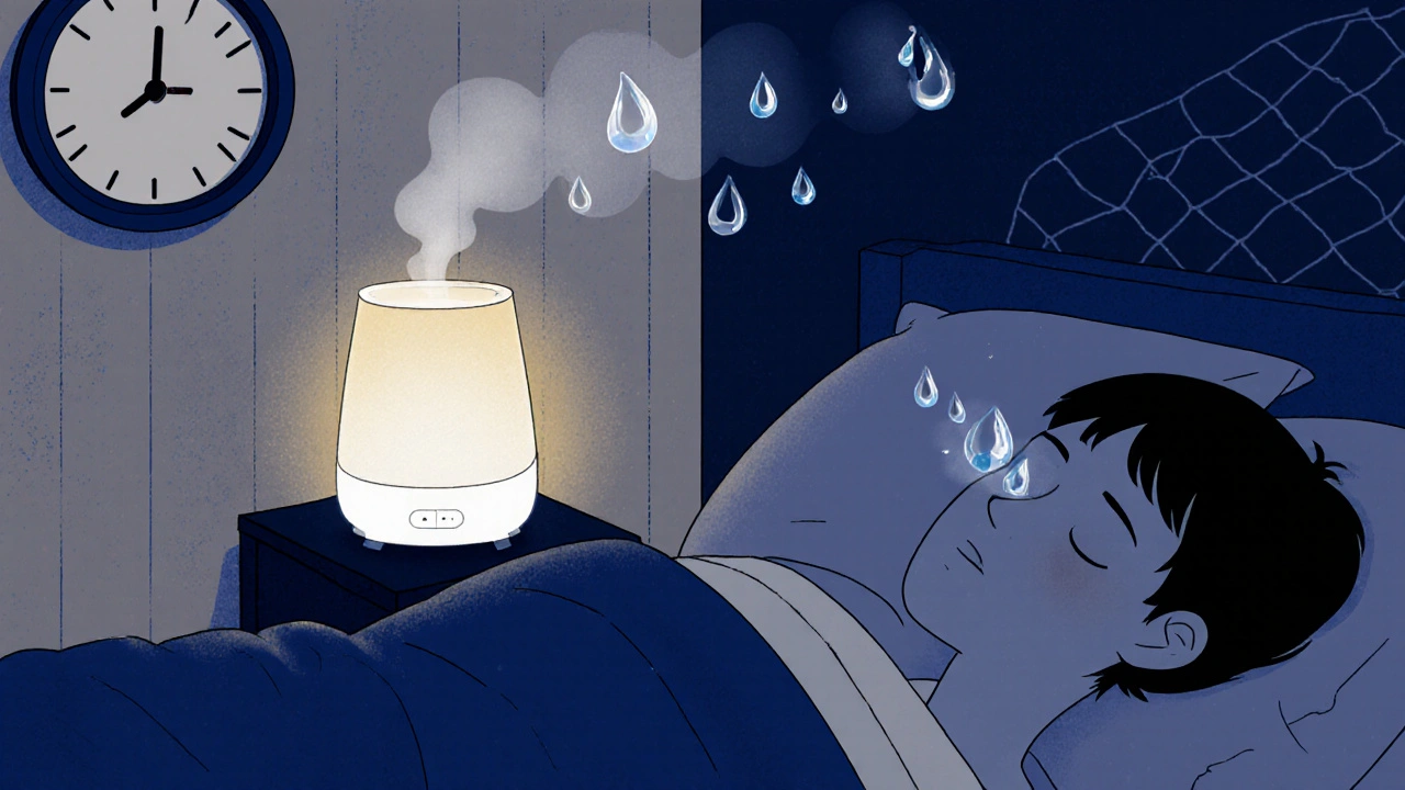 Sleeping person with humidifier releasing mist that forms protective tear droplets around their eyes.
