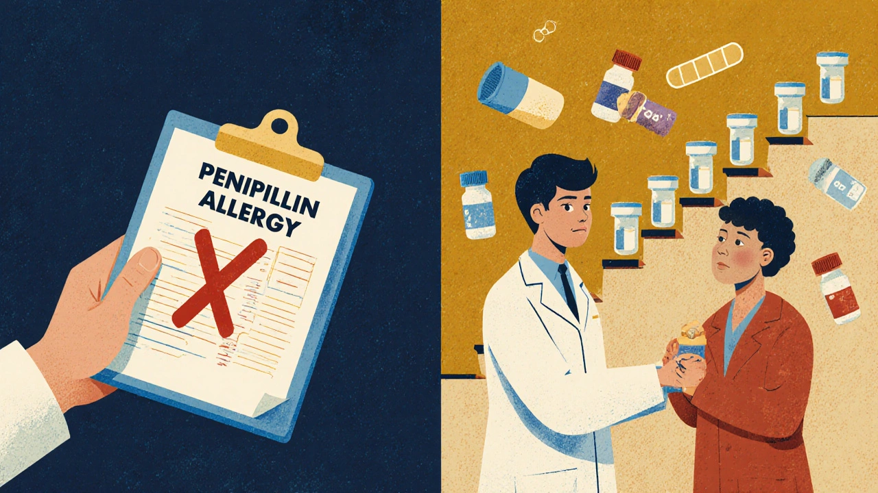 Split illustration comparing a penicillin allergy denial to successful desensitization, with escalating dose vials and drug icons.
