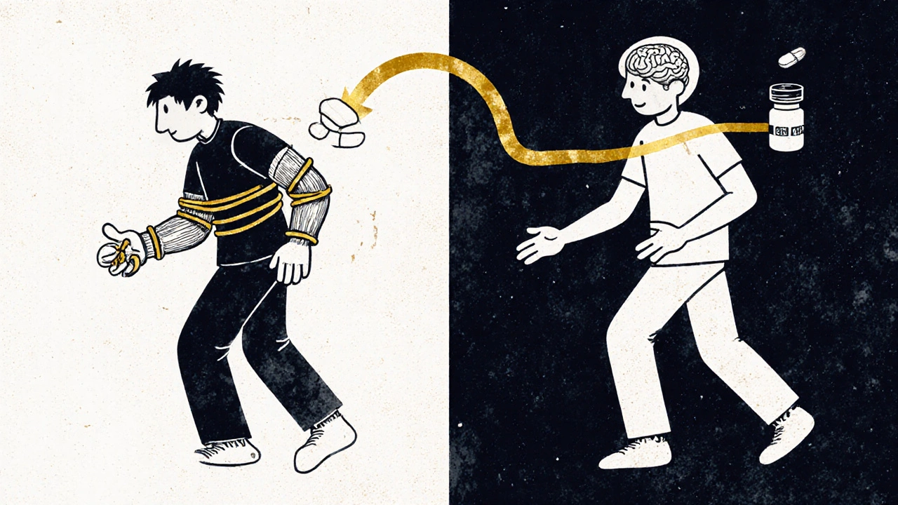 Split illustration of stiffness versus mobility after dopamine medication.