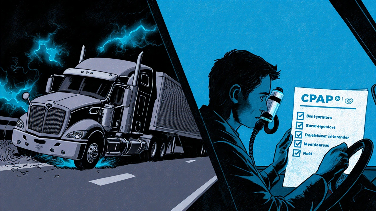 Split scene: drowsy driver on banned meds vs. alert driver using CPAP under safe conditions.