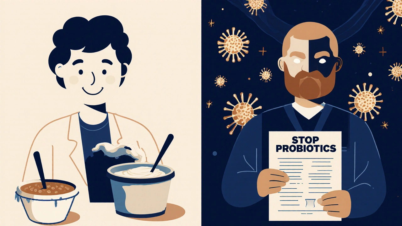 Split scene: healthy person with probiotics vs. immunosuppressed patient with warning