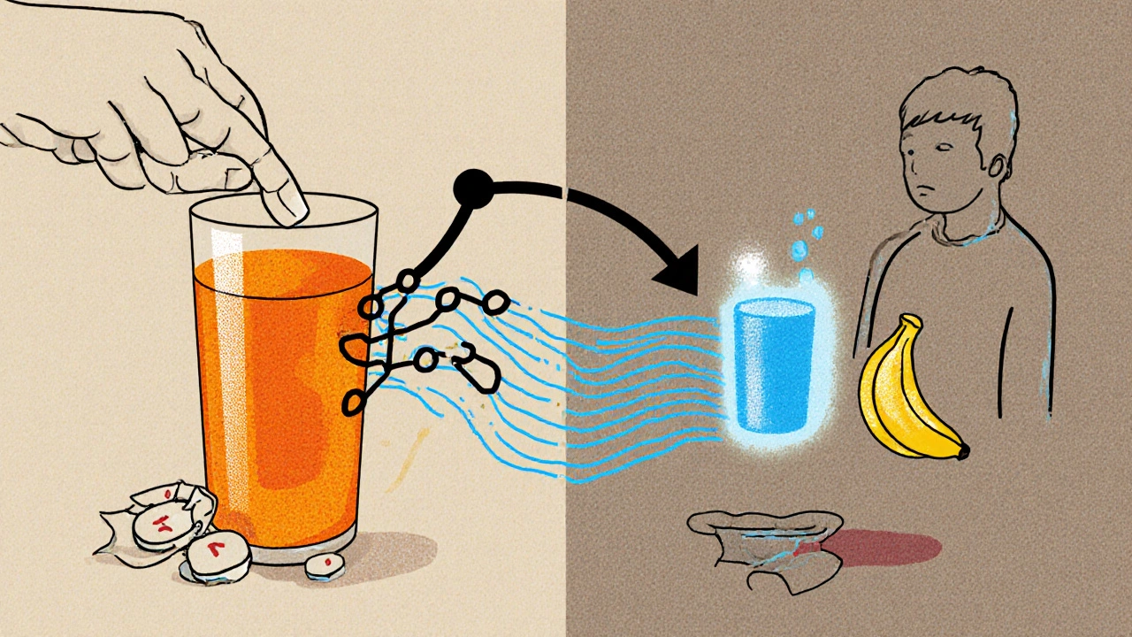 Split scene: left shows antibiotic blocked by calcium in orange juice, right shows safe absorption with water and banana.