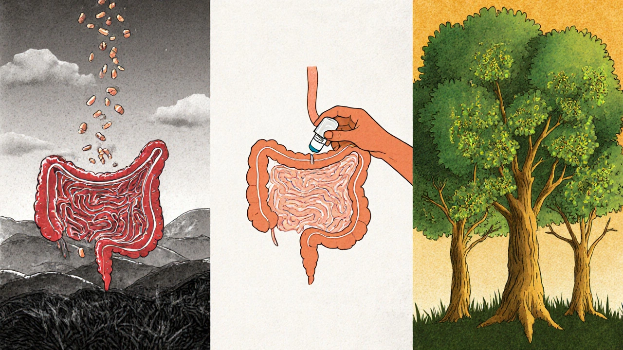 Timeline of gut recovery after antibiotics, showing microbial regeneration in screenprint illustration style.