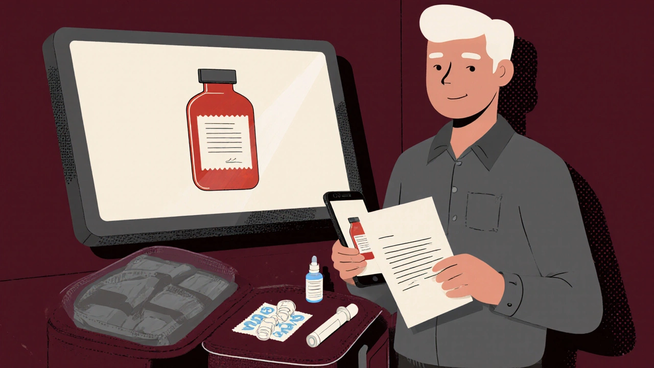 Traveler holding doctor’s letter and phone with prescription photo at international customs.