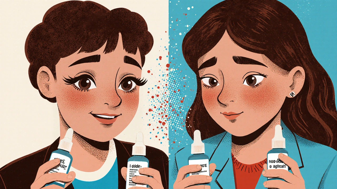 Two patients side by side: one with darker eyes and longer lashes, the other showing fatigue from beta blocker side effects.