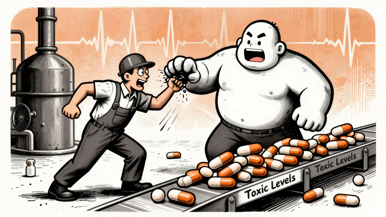 A factory worker is pushed out by ciprofloxacin as theophylline pills stack into a toxic pile on conveyor belts.