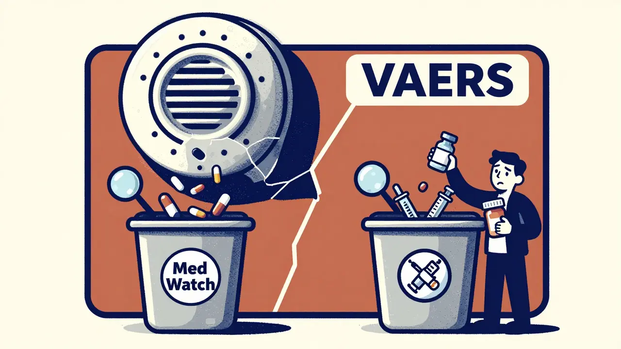 A fragmented smoke alarm warning sign separates drug and vaccine reporting systems, with a confused person holding both a pill and syringe.