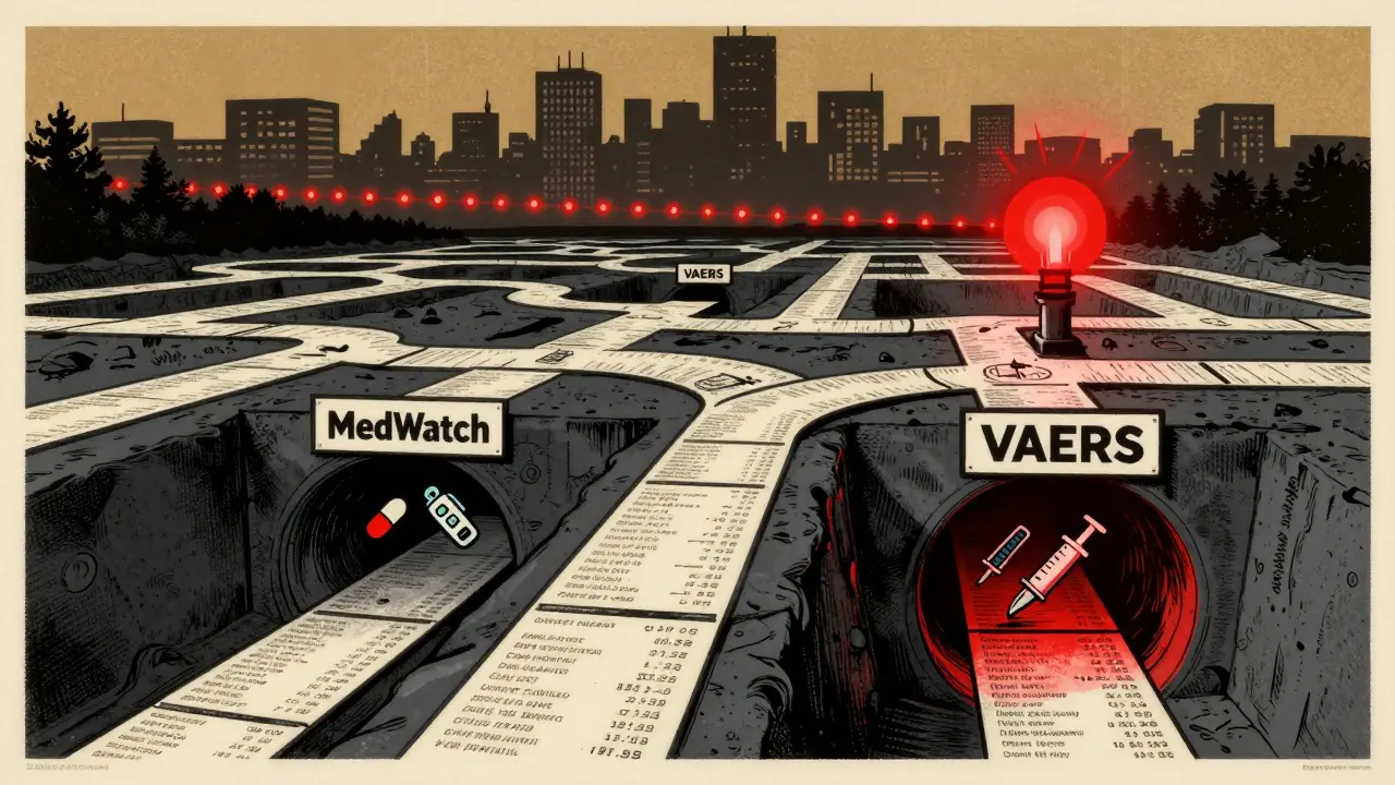 A network of patient reports flows into two separate tunnels labeled MedWatch and VAERS, with a red alert signal glowing in the vaccine tunnel.