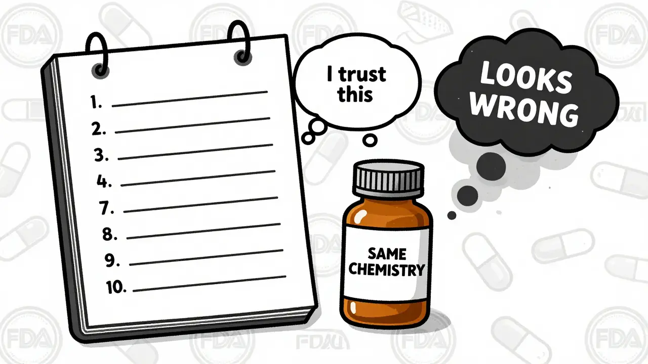 A patient's journal with steady pain ratings beside a pill bottle, with a brain thought bubble rewriting its belief from fear to trust.