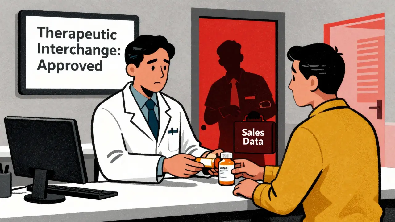 A pharmacist swaps a generic medication for a patient while a pharmaceutical rep watches from the doorway.