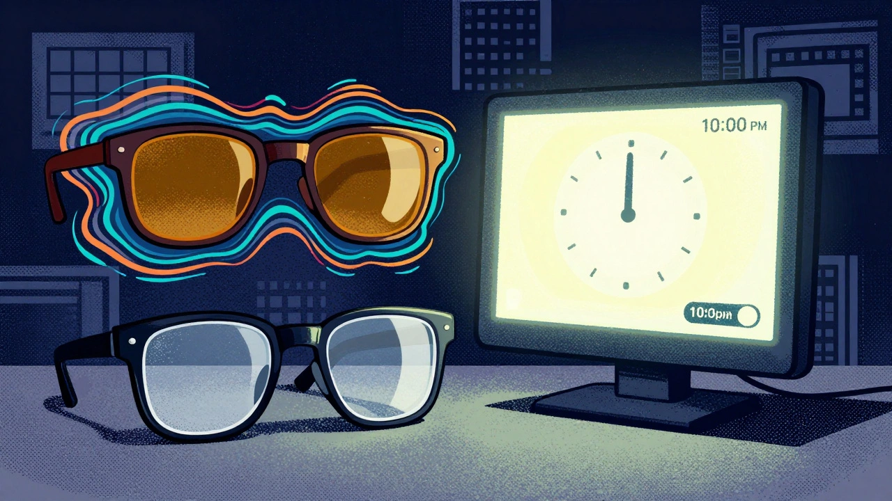 Amber and clear blue light glasses beside a monitor with night mode on, color distortion and efficiency label visible.