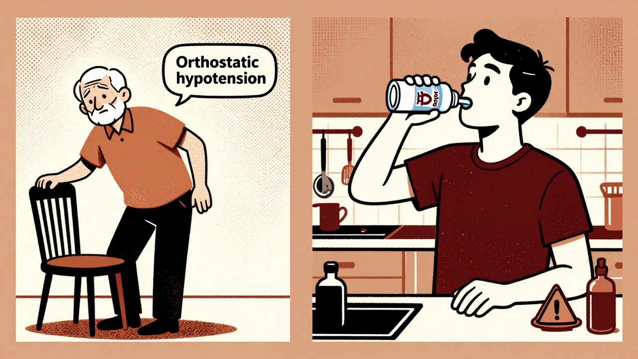 An elderly man nearly falling due to dizziness while standing, next to someone drinking mouth spray and brushing teeth.