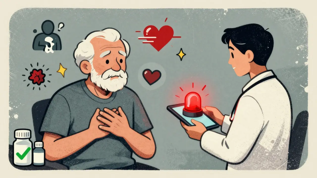 An elderly patient shows symptoms of toxicity while a doctor ignores a red alert, with safer antibiotics nearby.