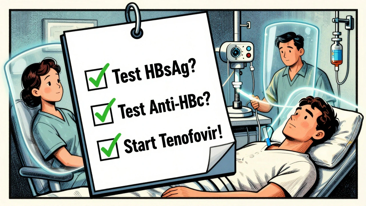 Clinical checklist with HBV tests and antiviral prophylaxis checked, protecting patients from immune therapies.