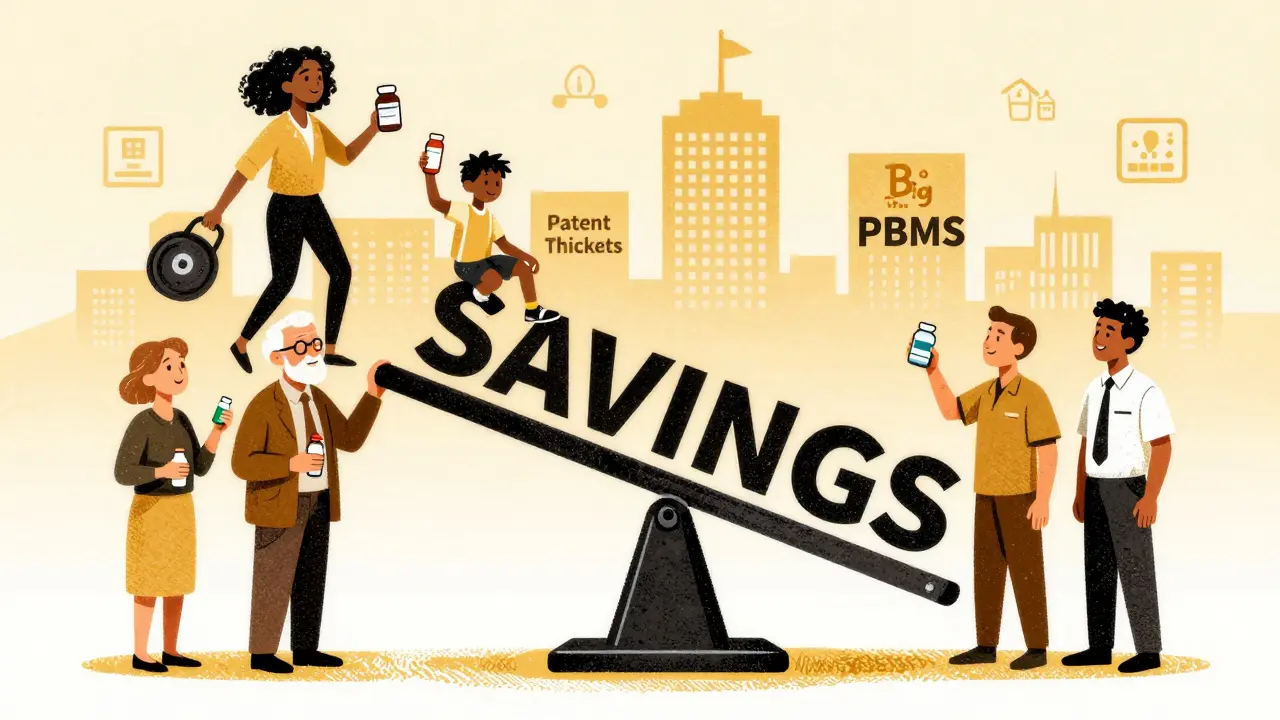Diverse patients holding generic meds on a scale tipping toward savings, with corporate weights falling away.