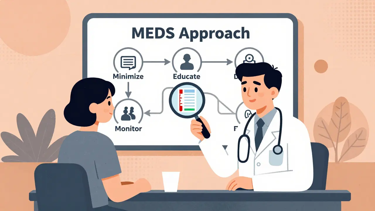 Doctor and patient reviewing MEDS approach flowchart in clinic, visualizing statin rechallenge strategy.