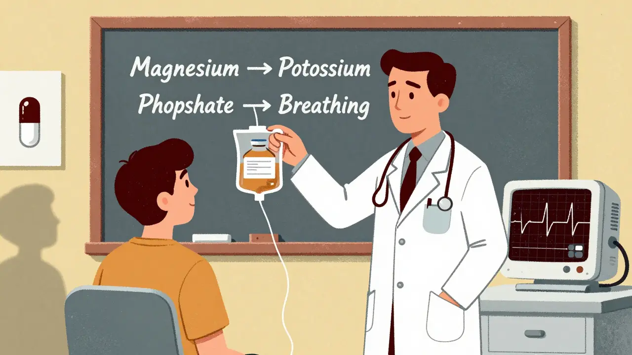 ER doctor choosing magnesium before potassium, with ECG and chalkboard diagram.