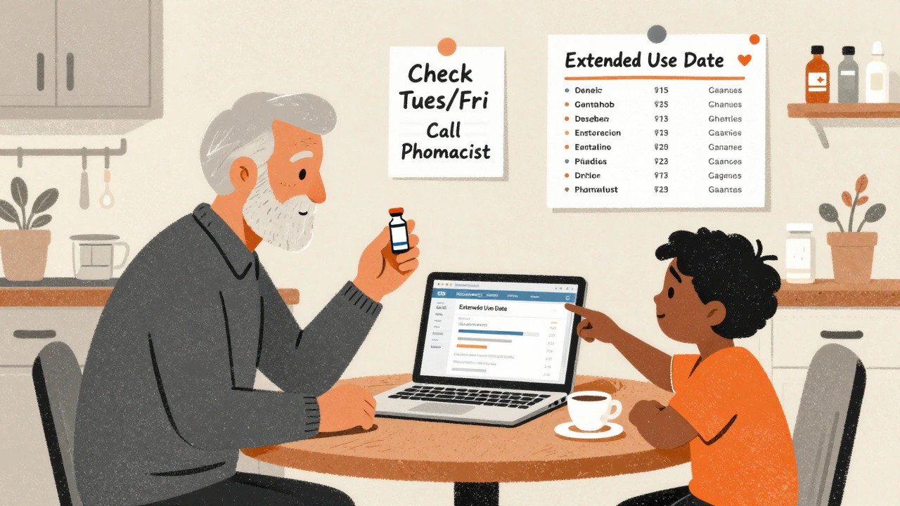 Family at kitchen table reviewing FDA drug shortage info with insulin vial and extended use date alert.
