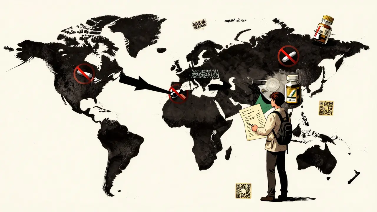 Global map showing banned medication zones with traveler holding doctor's letter and QR codes.