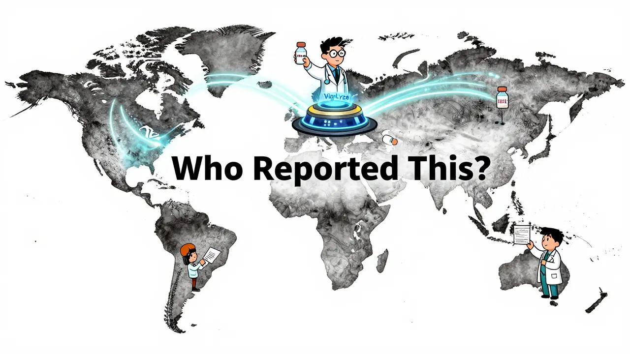 Global map with data streams feeding into AI safety hub, healthcare workers holding labeled biosimilar vials, screenprint style