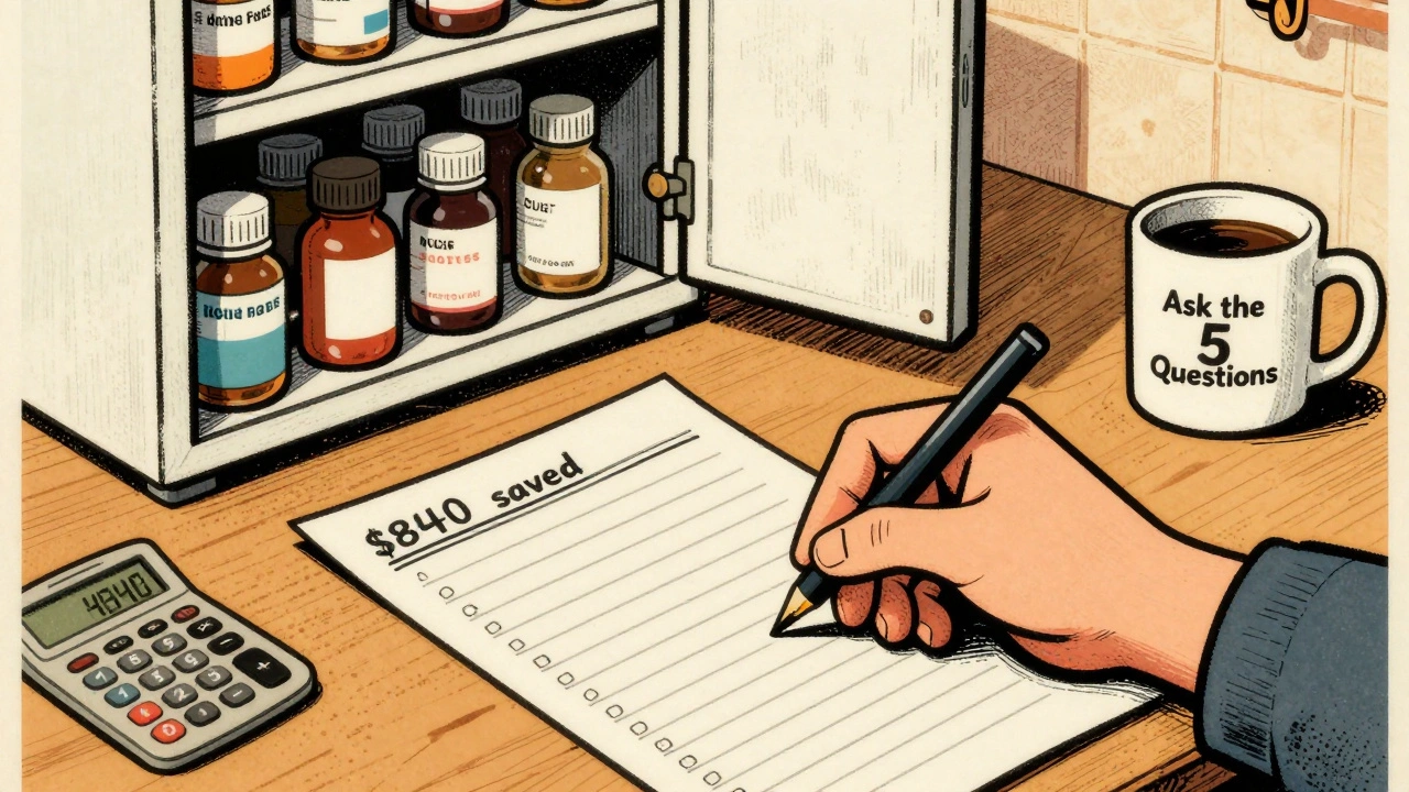 Hand writing a detailed medication list on paper beside an open medicine cabinet.
