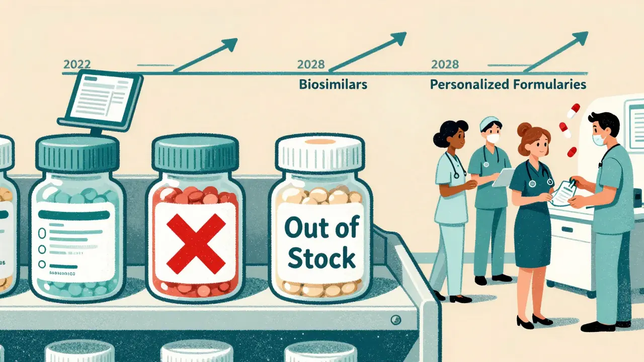 Hospital shelves with out-of-stock drugs as nurses update records and train staff on new generic formulations.