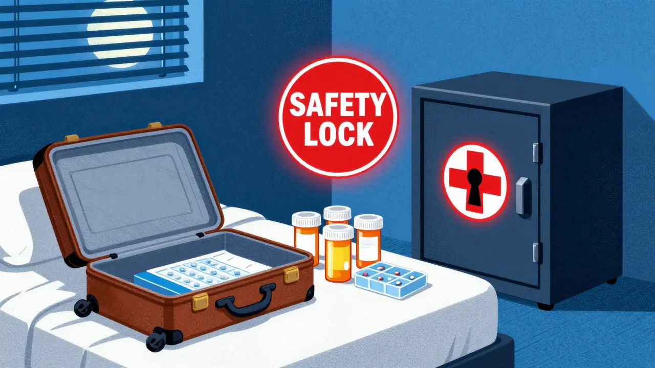 Hotel room with prescription bottles and a locked safe glowing with a medical safety icon.
