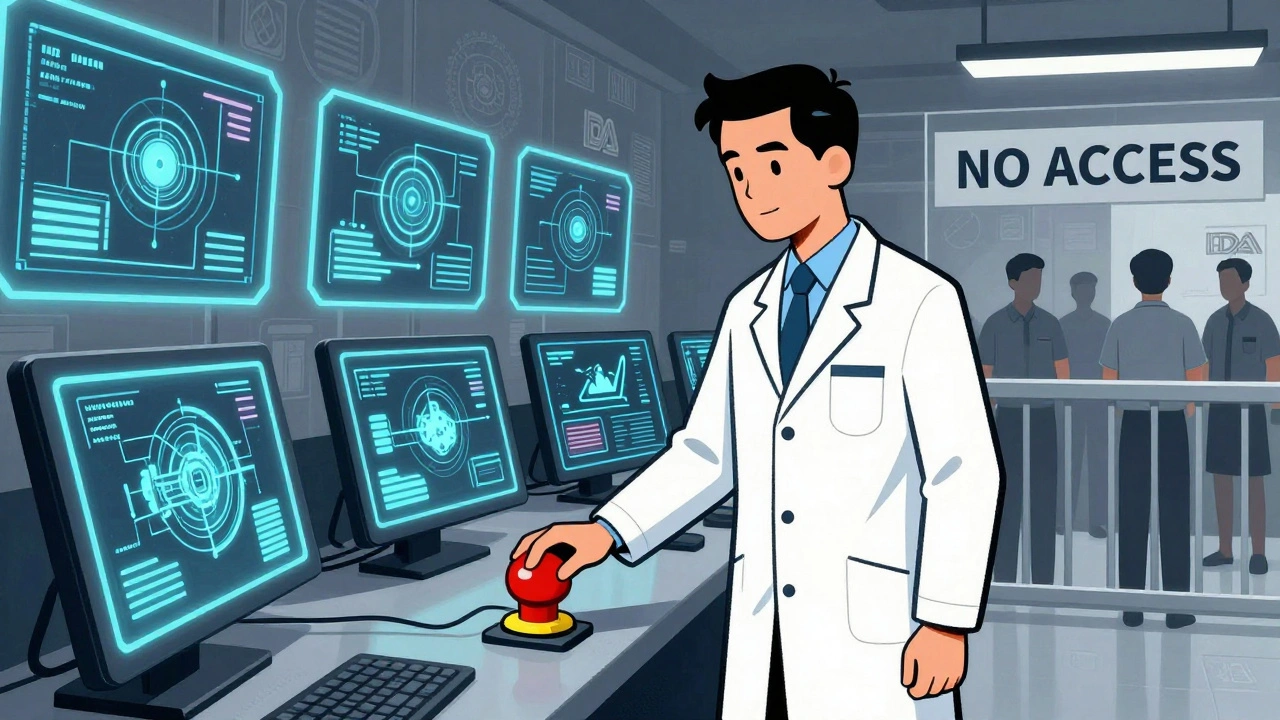 Human quality officer controls AI system with emergency stop button.