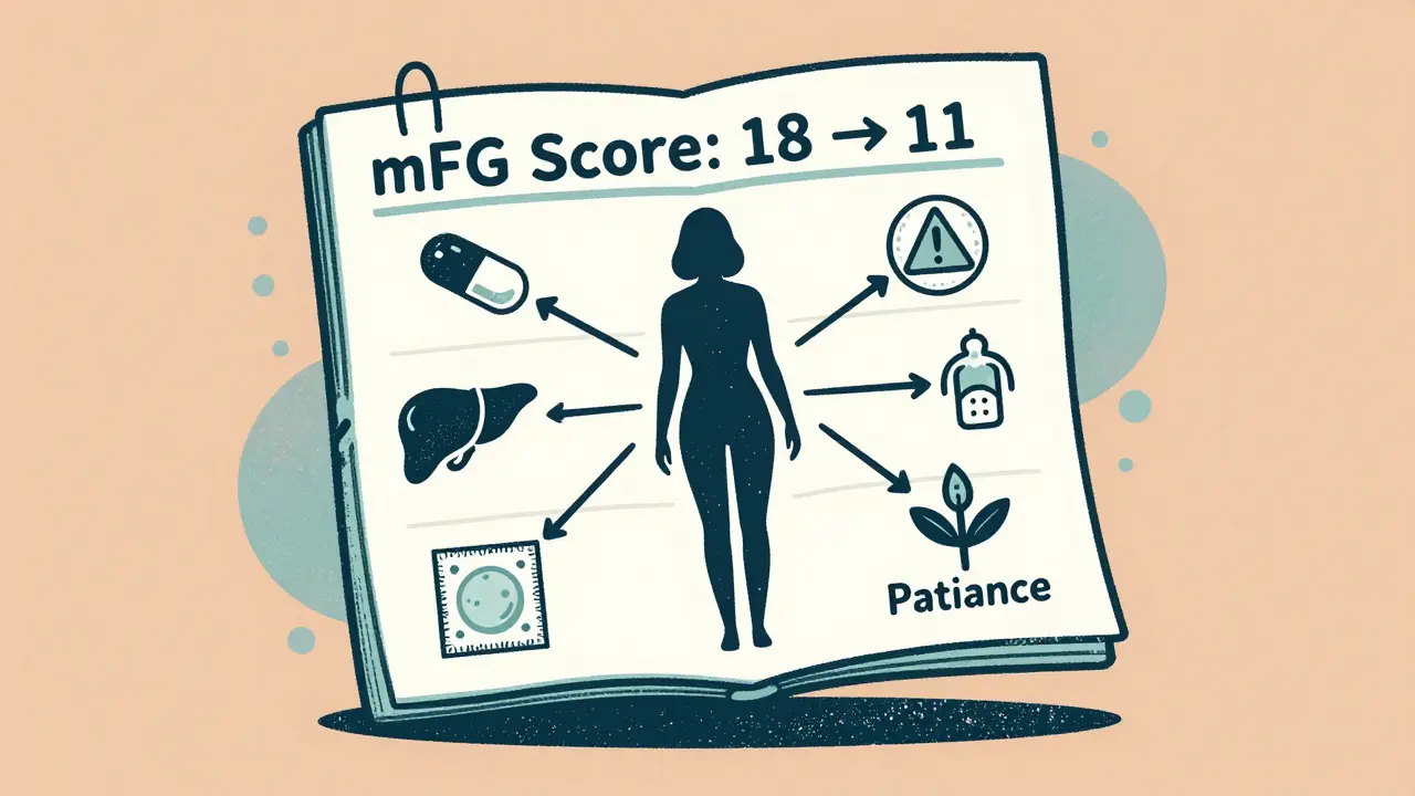 Medical chart showing improved hair score, surrounded by symbols of contraception, liver risk, laser, and patience.