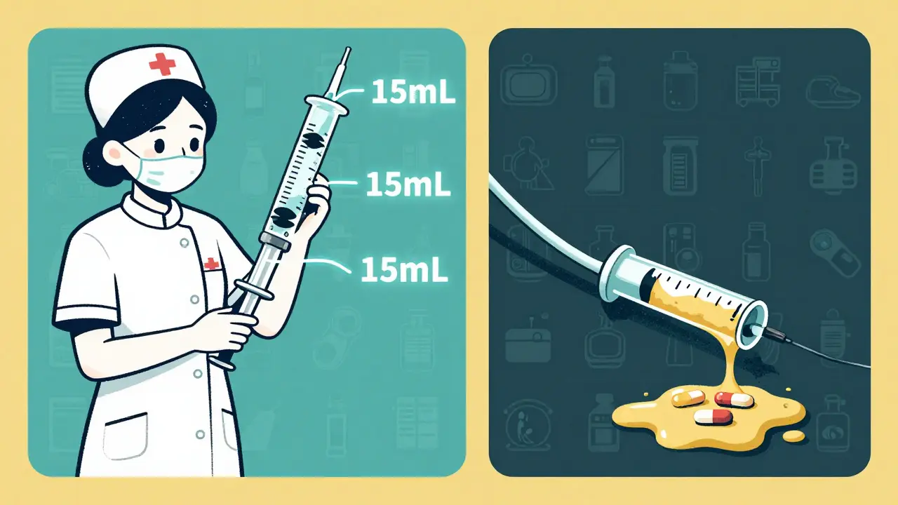 Nurse flushing feeding tube with syringes vs blocked tube with sludge
