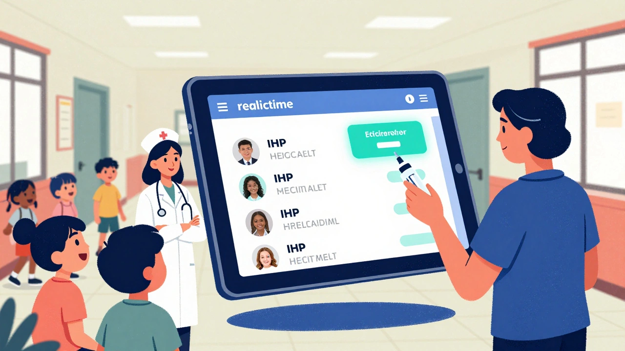 Nurse using tablet to monitor medication alerts while teacher holds epinephrine injector